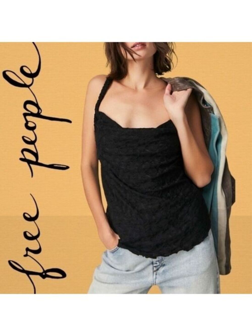 FREE PEOPLE Mykonos Jacquard Cowl Neck Braided Strap Drapey Open Back Tank Top